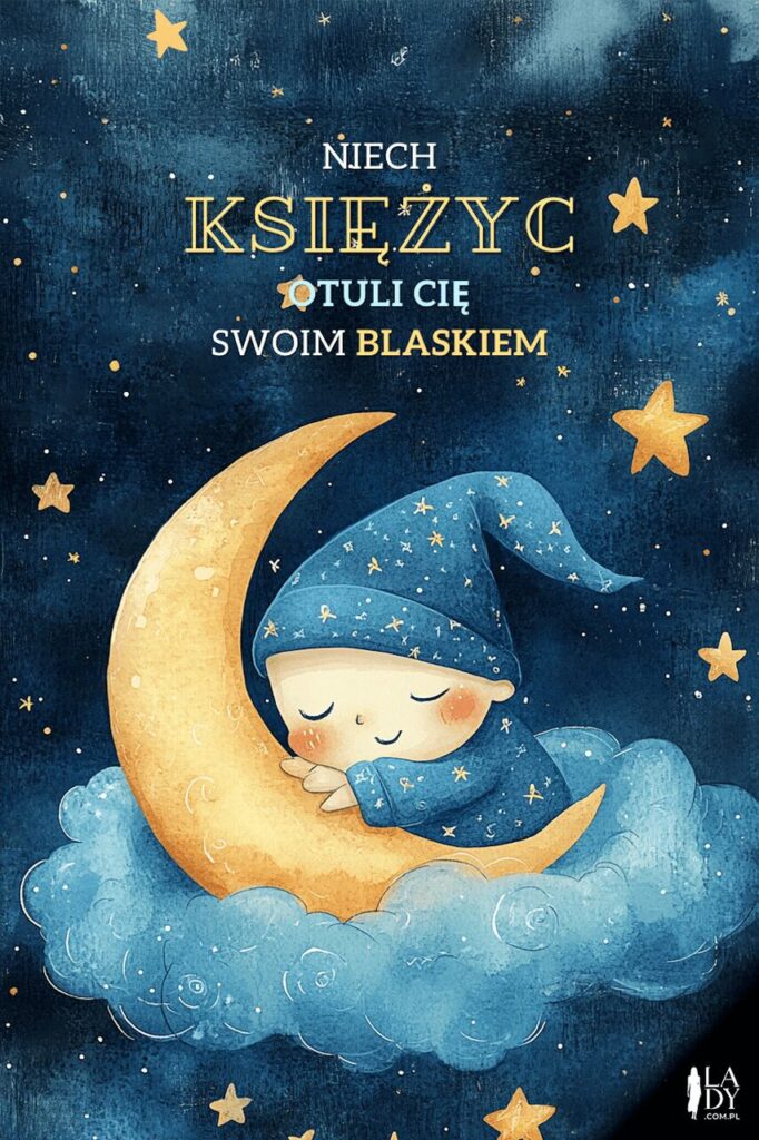 Kartka, postać na chmurce tuląca się do księżyca i wieczorne pozdrowienia