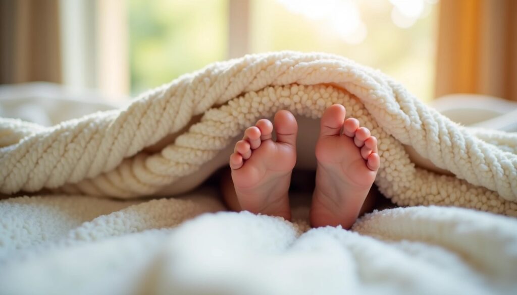 stopy dziecka w pościeli; bezpieczna pościel niemowlęca – jak wybrać?