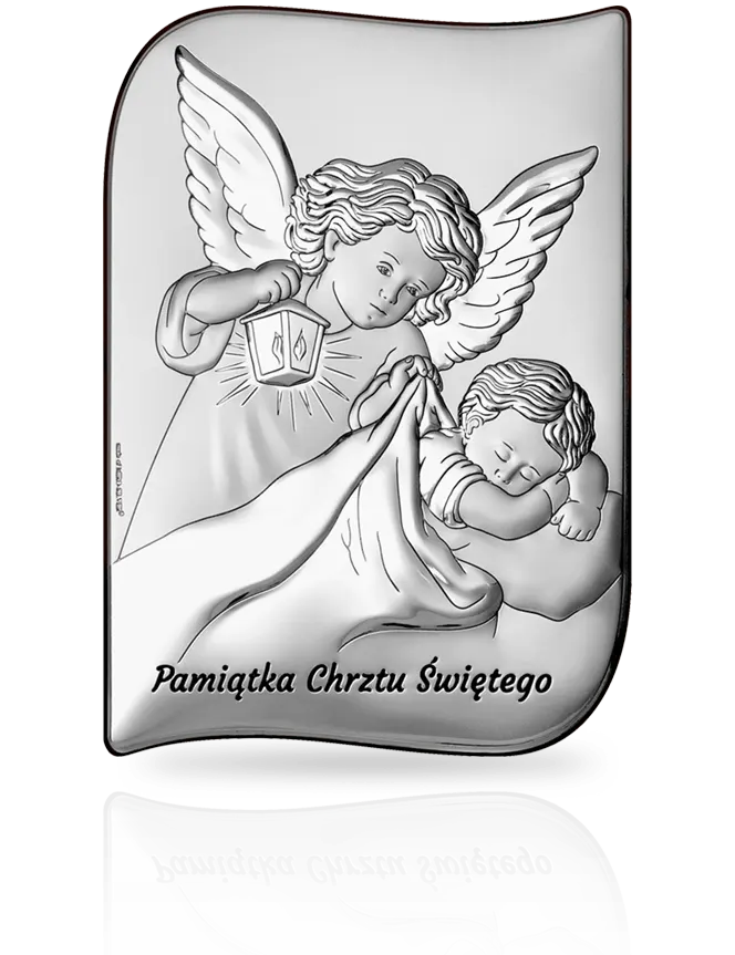 srebrny obrazek na chrzest Anioł Stróż
